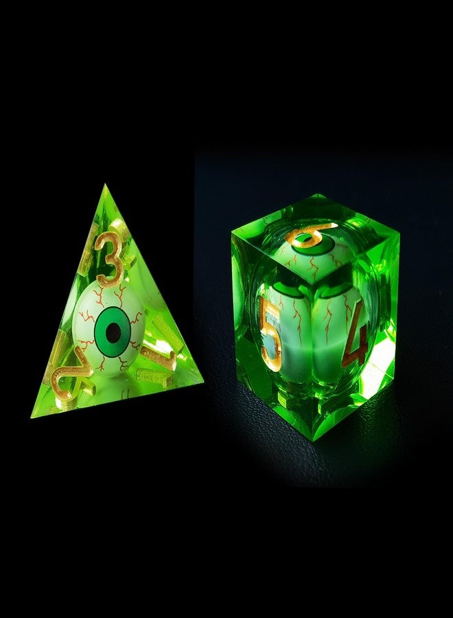 BESCON DICE Sharp Edged Liquid Core Rolling Eyeball Polyhedral Dice Set - Razor Edge Polyhedral Dice with Rolling Eyeball Inside (7pcs RPG Dice Set with Green Eye) - Image 2